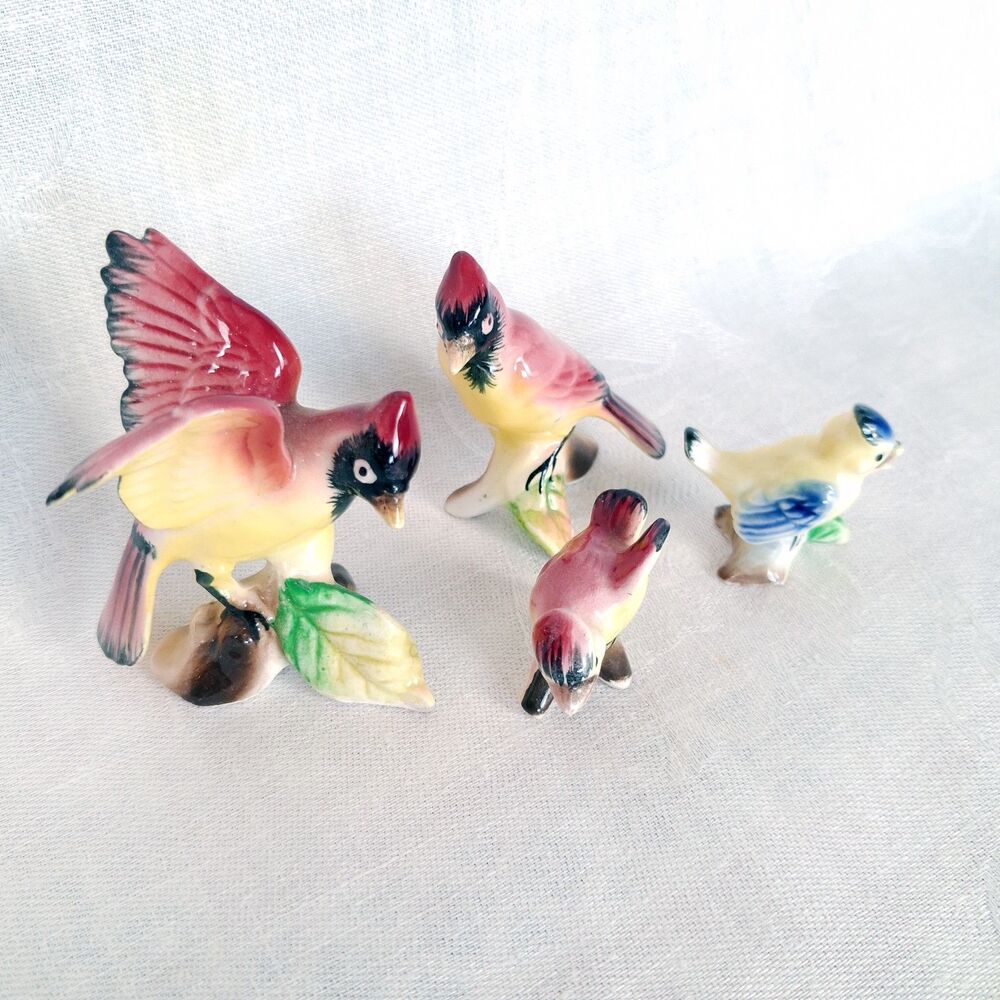 Vintage Mid Century Japan Ceramic Bird Figurines Set of 4 Cardinals Blue Jay MCM